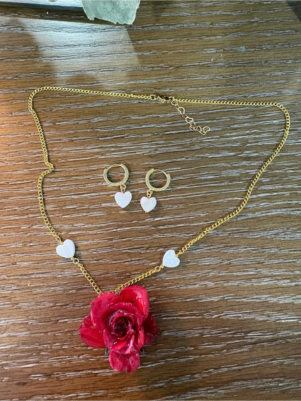 Kids Heart &  real Rose Pendant Necklace and Earrings Set - Pink White Gold